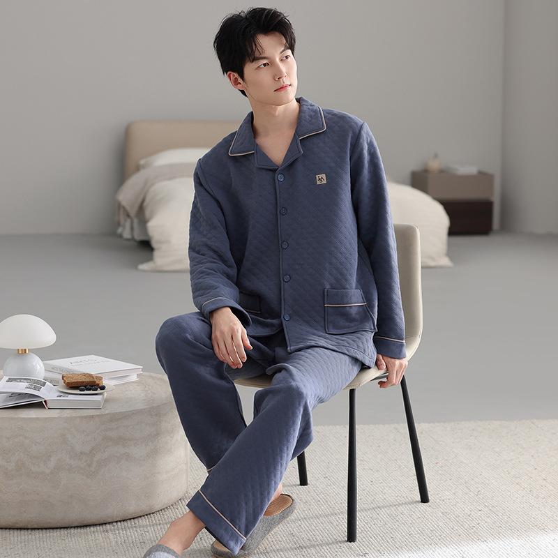 Pajamas Men'S Autumn And Winter Thickened Pure Cotton Long Sleeve Air Cotton Interlayer Homewear Winter Warm Large Size Cotton Set