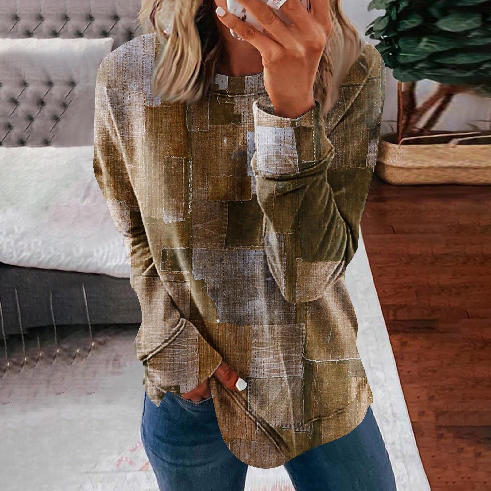 

Женские топы с круглым вырезом, хлопковая женская повседневная модная блузка с длинным рукавом и круглым вырезом с цветочным принтом, пуловер XXXL коричневый