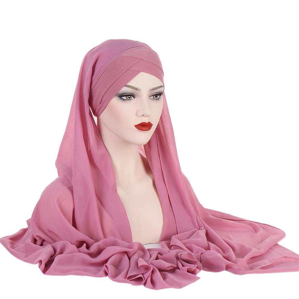 

Forehead Cross Hat with Chiffon Scarf Instant Hijab Underscarf Bonnet Cap Muslim Women Long Shawl Wrap Veil Amira Headscarf 1pc