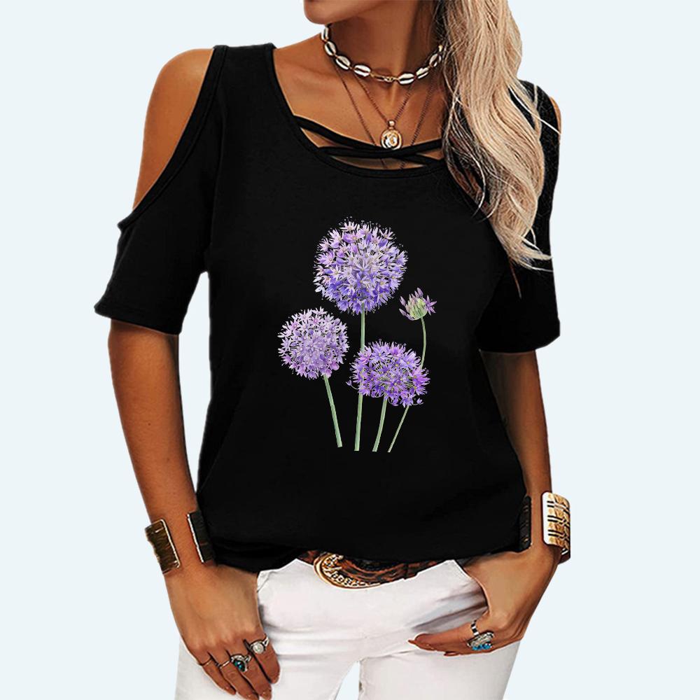 

Женская модная футболка с открытыми плечами, летняя и осенняя футболка с круглым воротником и короткими рукавами, женская модная футболка с цветочным принтом 5Xl чёрный