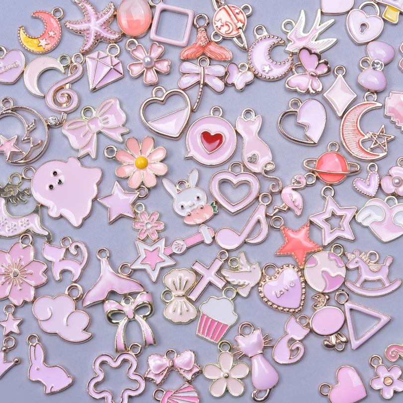 Random Mix Pink Girl Enamel Charms For Jewelry Making Supplies Cute Animal Moon Flower Heart Pendant Charm Diy Bracelet Earrings