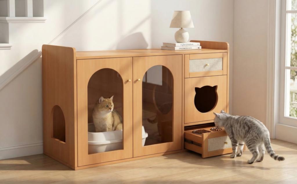 Cat House and Litter Box Cabinet with Feeding Bowls, Cat Rest Area, Storage Area (Litter Box and Cat Cushion Not Included), Walnut Color, 120x45x83 Cm