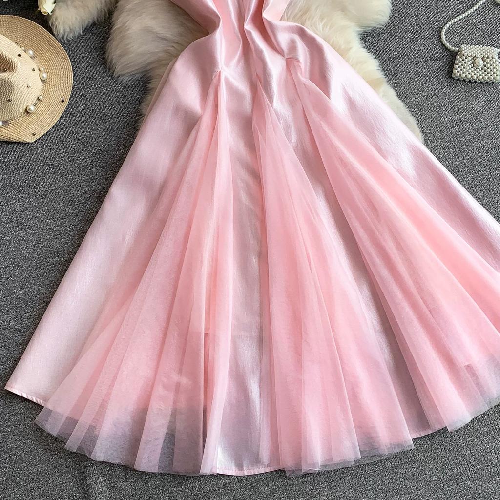 Summer New Sleeveless White Spliced Tulle Satin Maxi Dress Women‘s O Neck Slim Waist Ruched A Line Formal Wedding Evening Party Dress