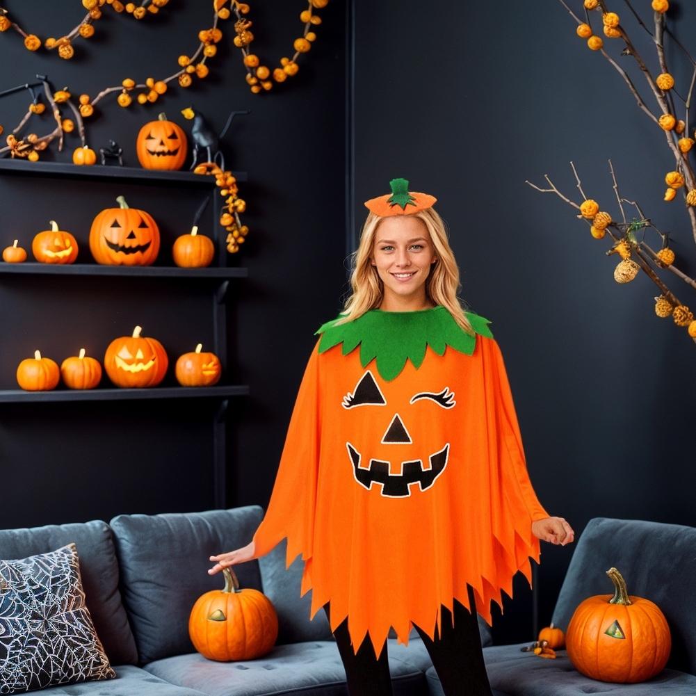New Halloween Luminous Cloak Role Playing Stage Party Performance Festival Costume Pumpkin Cloak With Hat For Adults Kids