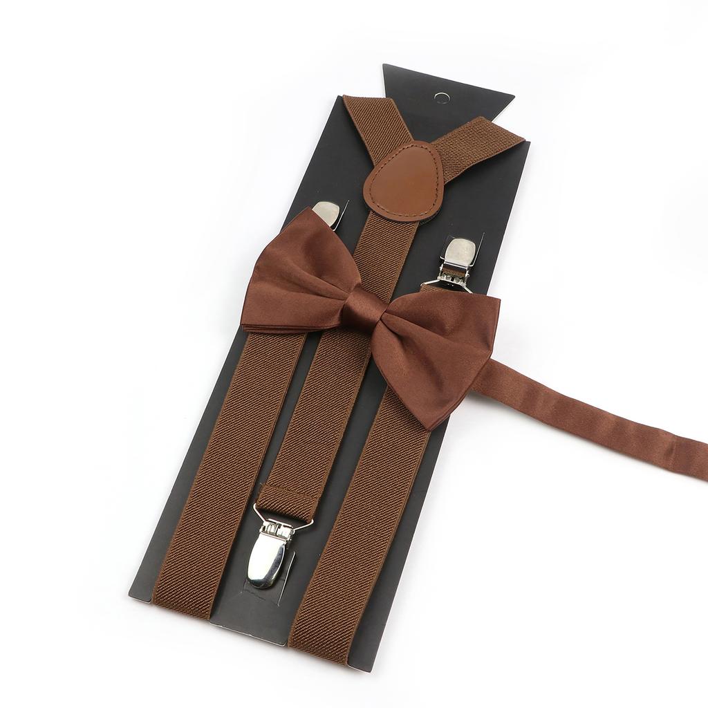 Men Kids Yellow Khaki Brown Suspender Bowtie Set Elastic Adjustable Y-Back Braces Straps Daily Father-Child Braces Accessory