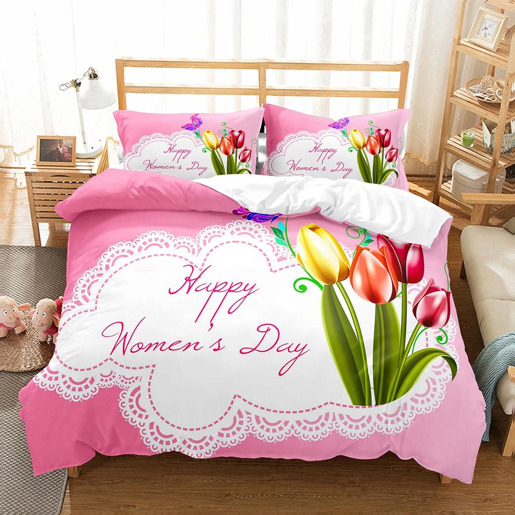 Comforter Romantic Floral Happy Women'S Day Bedding Set Polyester March 8 Comforter Single King Size For Mother Gift