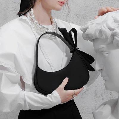 New PU Leather Shoulder Bag Retro Half Moon Women’s Underarm Bag Bow Crescent Moon Portable Handheld Shoulder Underarm Bag