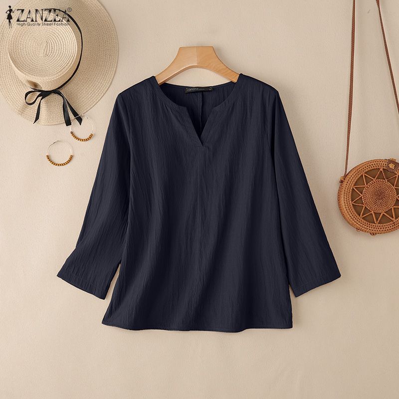 ZANZEA Women Casual V-Neck Solid Color 3/4 Sleeve Loose Blouse