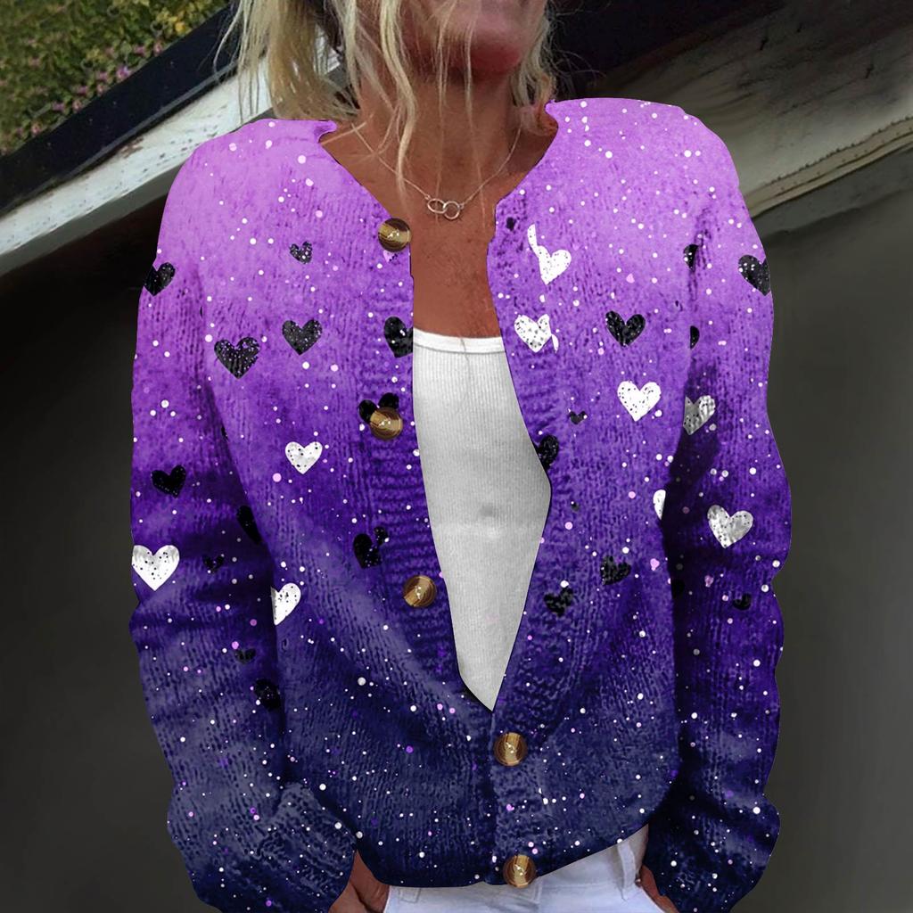 Women's Fashion Printed Long Sleeve Knitted Cardigan Button Down Jacket