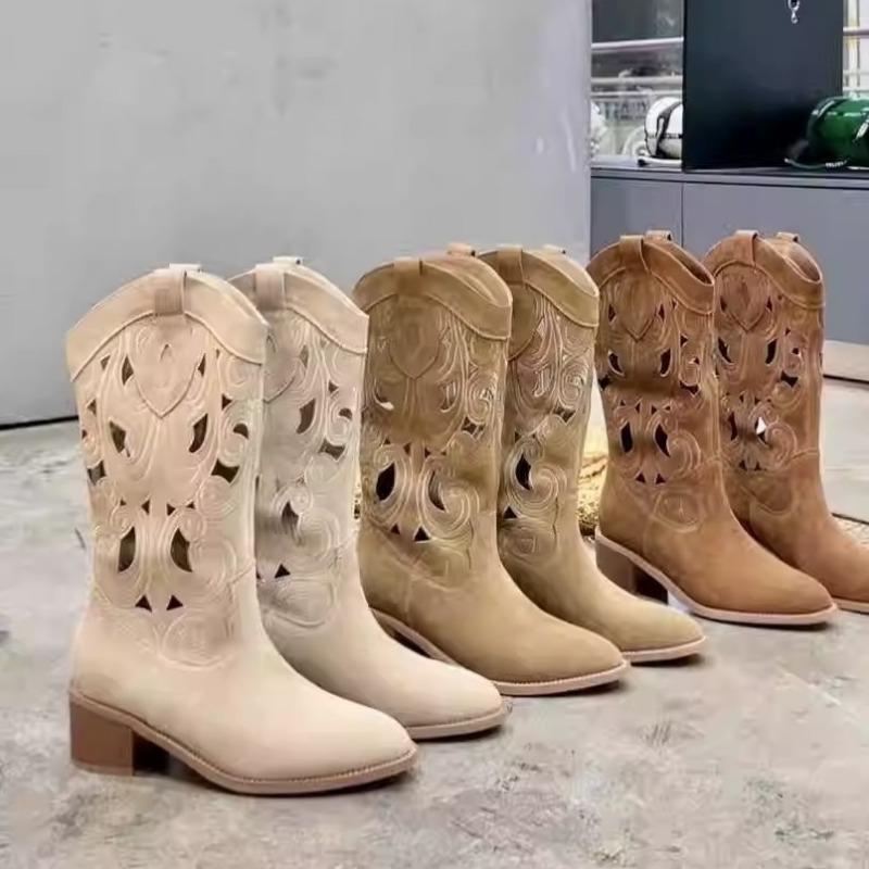 New summer flowers on the other side~ retro trend hollow embroidery breathable v-mouth western cowboy boots