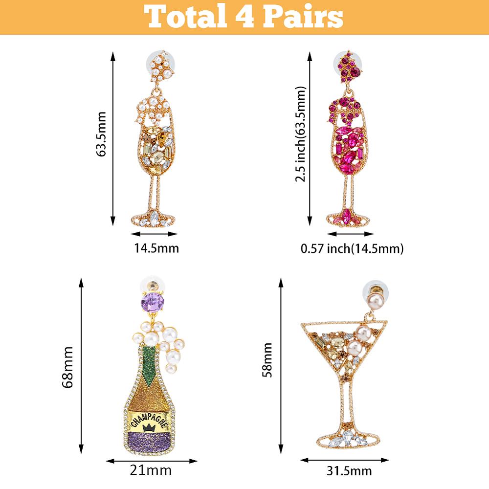 4 Pairs 4 Styles Rhinestone & Plastic Pearl Glass Wine Glass Dangle Stud Earrings, Alloy Long Drop Earrings, Golden, 58~68x14.5~31.5mm, 1 Pair/style