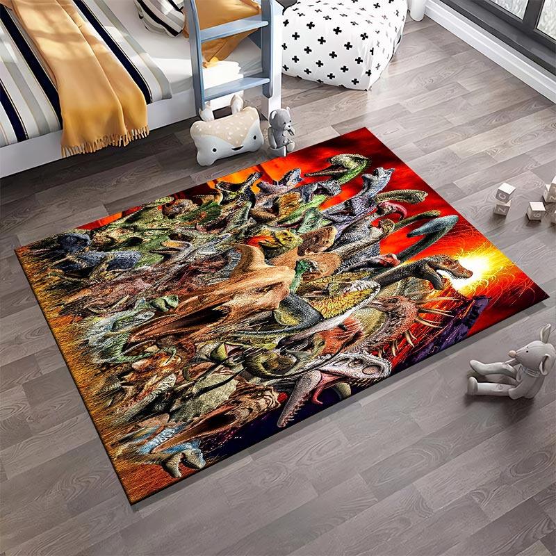 Epic Dinosaur Battle Scene Carpet - Colorful Jurassic Design with Fiery Volcano Suitable for use as an anti-slip1 for1room and bedroom sofas