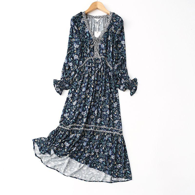 

Export Export V Neck Tied Lotus Leaf Ethnic Print Drape Noil Poplin Dress Artificial Cotton Dress Spring & Fall Green Print Euro -38 (Bust size 90)