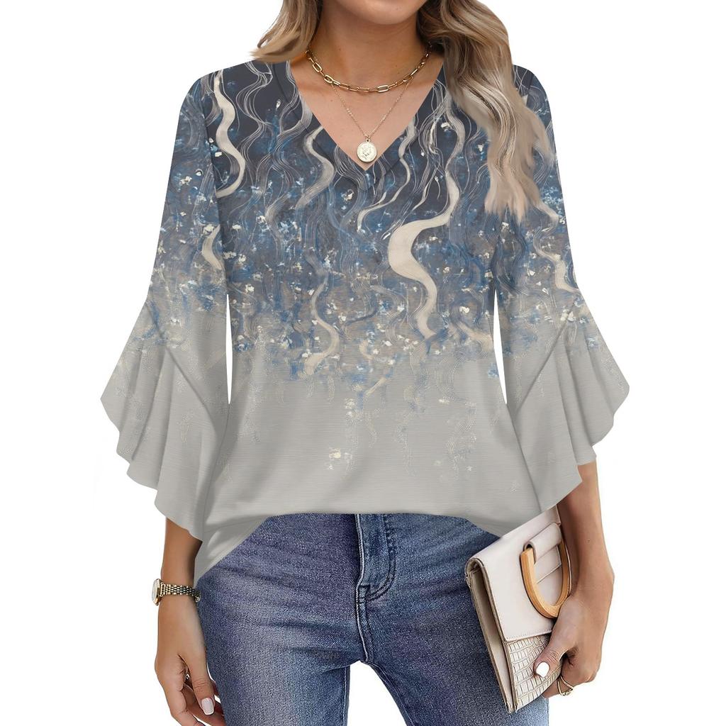 Blouses For Women Dressy Casual 3/4 Length Sleeve Womens Tops V Neck Tshirts Shirts With Flared Sleeve