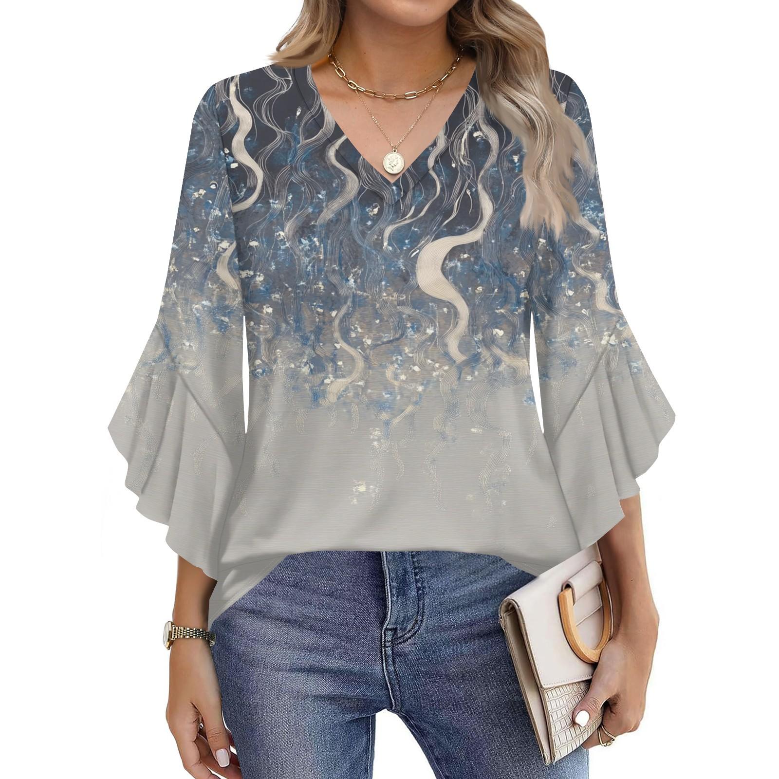 

Blouses For Women Dressy Casual 3/4 Length Sleeve Womens Tops V Neck Tshirts Shirts With Flared Sleeve S