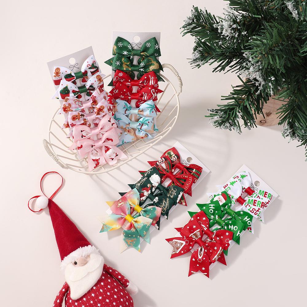 6Pcs Christmas Kids Bows Hair Clips Set for Baby Girl 2.4'' Ribbon Elk Santa Print Bowknots Hairpins Headwear Hair Accessories