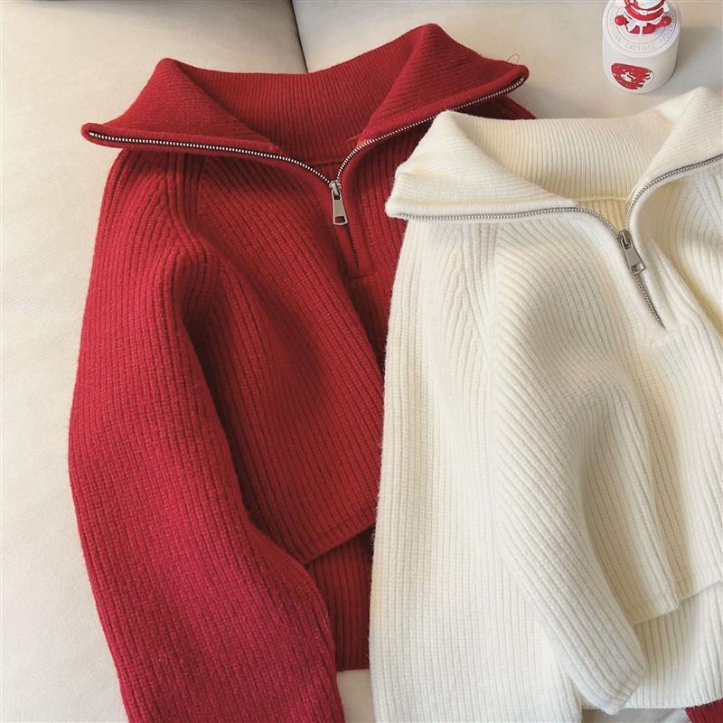 2026 Autumn/Winter Slimming Zipper Lapel Knit Sweater for Women