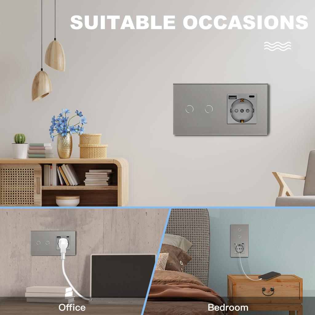 BSEED 1/2/3Gang Touch Light Switches 1/2/3Way Stair Sensor Switches For Hallway Corridor With Socket EU Standard Glass Panels
