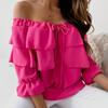 Double Layered Ruffled Off Shoulder Top Women's Solid Color Spring Autumn T-Shirts Vacation Casual Clothes