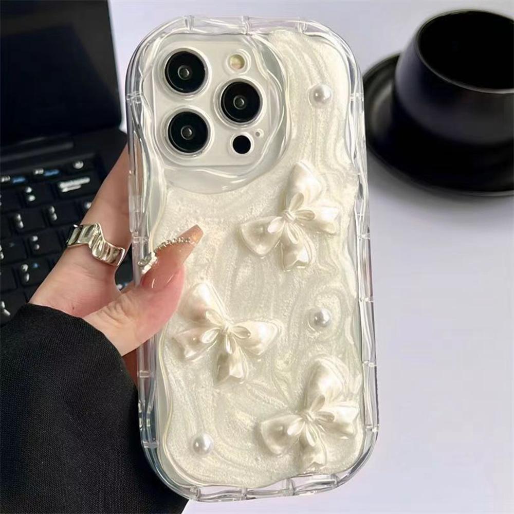 For iPhone 15 Pro Case 3D Butterfly Bow Pearl Design Clear Edge TPU Phone Back Cover