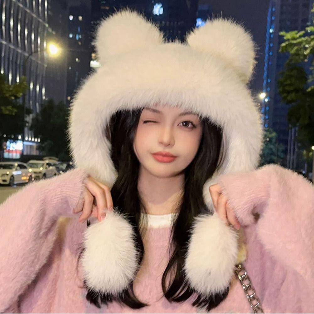 Warm Plush Bear Hat Cute Bucket Hat Thickened Ear Protection Hat  Women