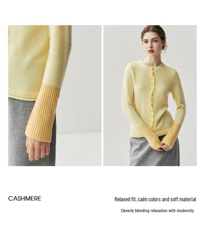 Women's Contrast Color Cashmere Cardigan - Round Neck, Ribbed Cuffs, Autumn/Winter Style