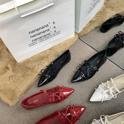 XINZHOU French Temperament Pointed Bow Single Shoes Women's 2025 New Spring Red Flat Mary Jane Shoes