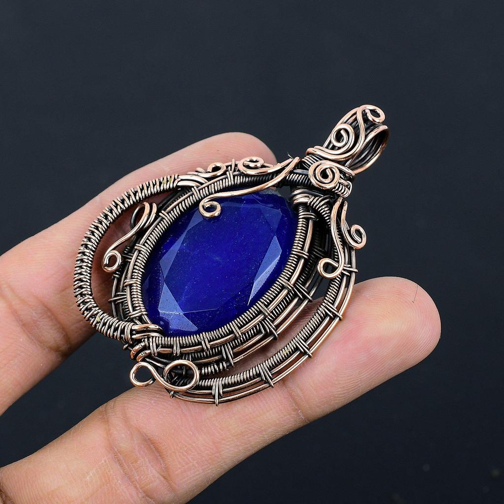 Blue Sapphire Pendant, Handmade Gemstone Pendant, 999 Copper Wire Wrapped Pendant Antique Jewelry, For Engagement Gift