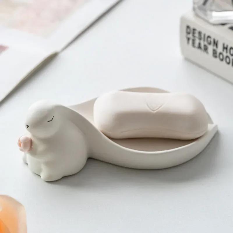 Big Ear Cute Rabbit Ceramic Soap Box Bathroom Drainage Soap Dish Storage Wash Desk Ornaments Decor Home Decoration Accessories