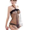 Lace Trim Sheer Tulle Halter Neck Mini Dress & Thong Set