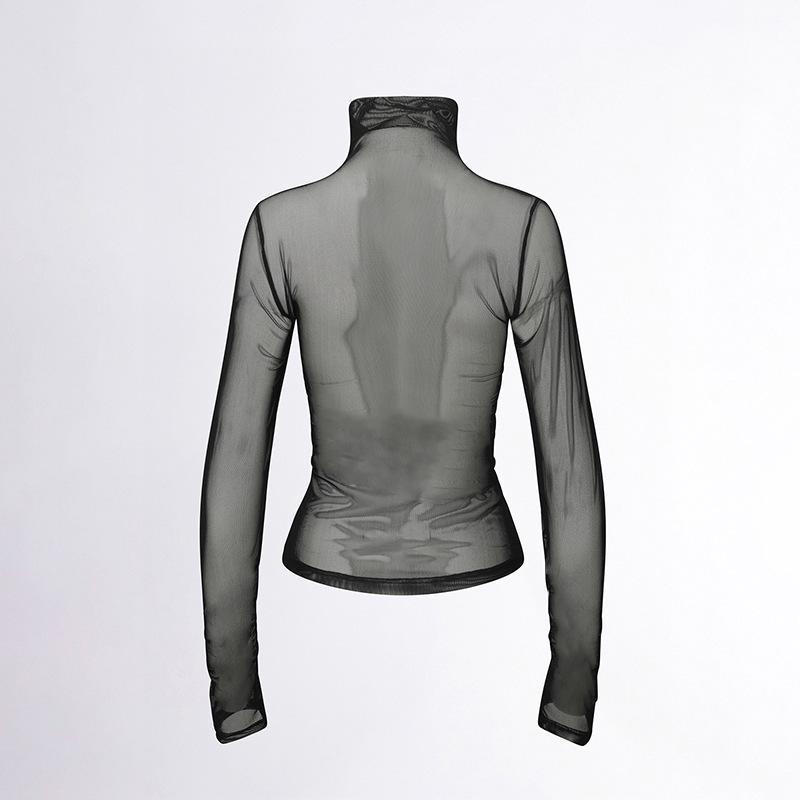 Sawadika Q24TP607 Women's High Neck Long Sleeve Sheer Solid Color T-shirt