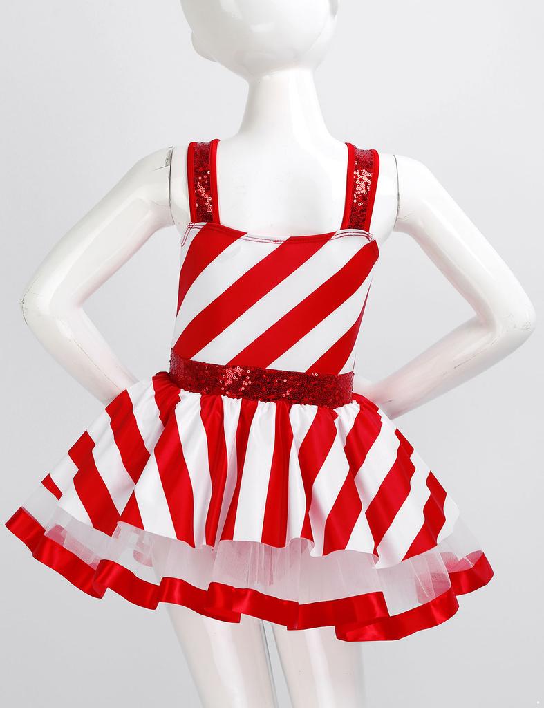 Figure Ice Skating Dress for Girls Holiday Costume Christmas Candy Cane Dress Kids Sleeveless Xmas Party Dress