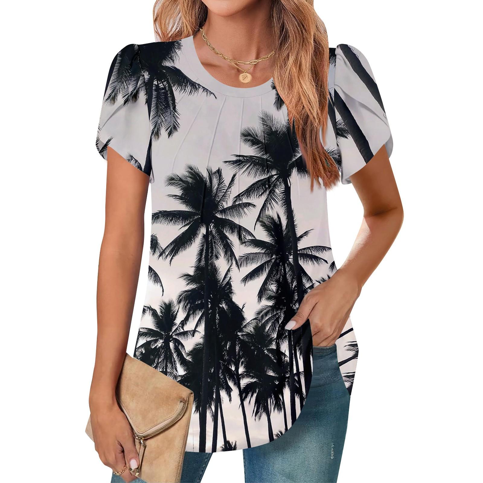 

Жіночий повсякденний топ з круглим вирізом і короткими рукавами на грудях із розкльошеними рукавами та квітковими принтами XXXL