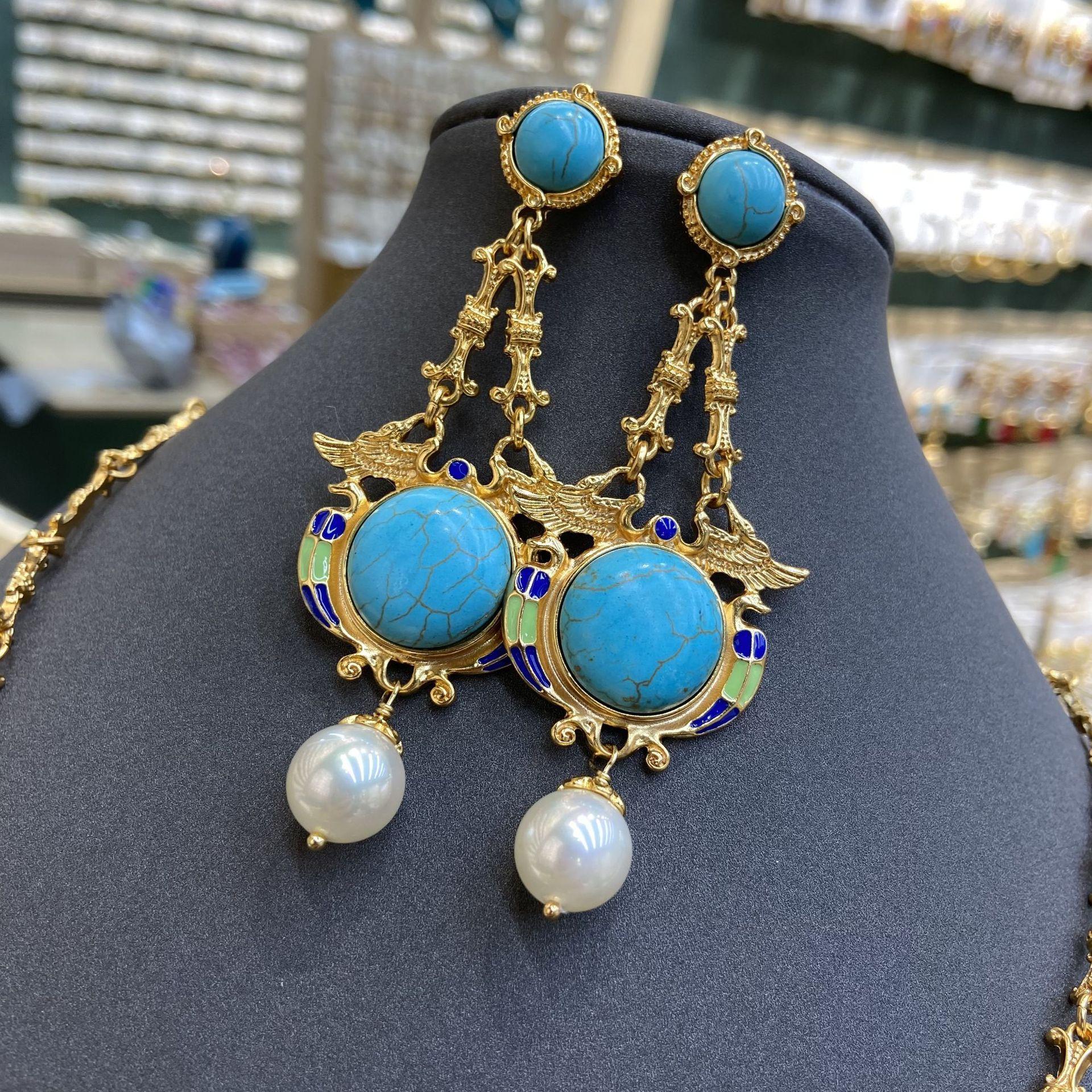 

Западное античное эмалевое ожерелье с птицей бирюзового цвета, средневековые гальванизированные серьги из настоящего золота с жемчугом Mapei