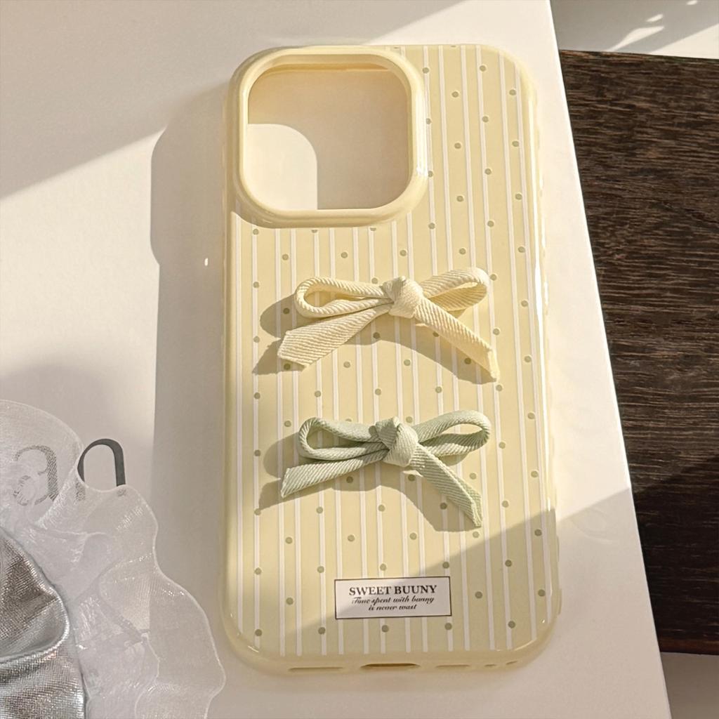 Korean-style fresh polka dot bow iPhone 16 phone case, suitable for Apple 17, soft 13, 3D 15 Pro Max, 12