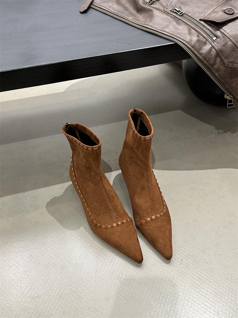 Korean niche fashionable suede thin heel short boots women's 2025 autumn and winter new commuting versatile zipper thin boots