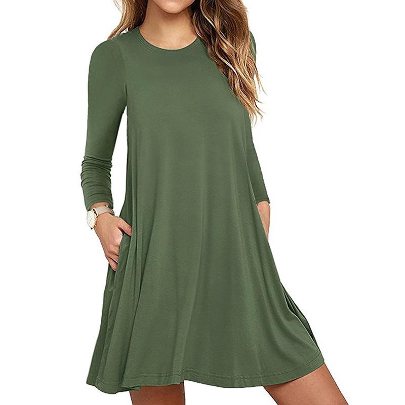 

2026 Autumn/Winter Women s Solid Color Long Sleeve Pocket Dress L зелений