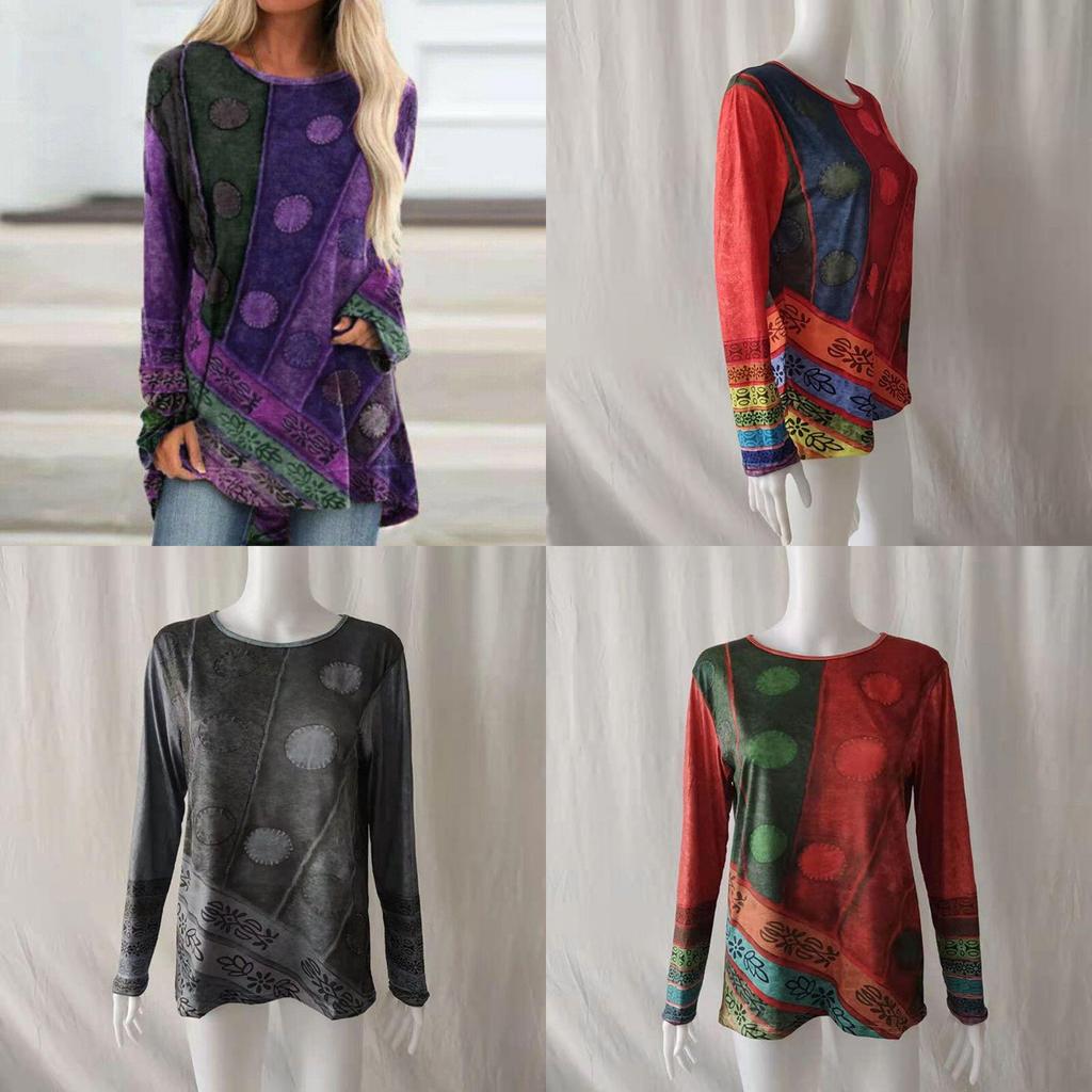 Plus Size Womens Hippie Boho Long Sleeve Tops With Soft Material And Floral Pattern