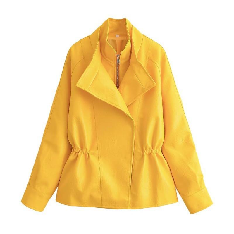 Womens PU Leather Biker Jacket Double Collar Slim Fit Casual Commute Outerwear