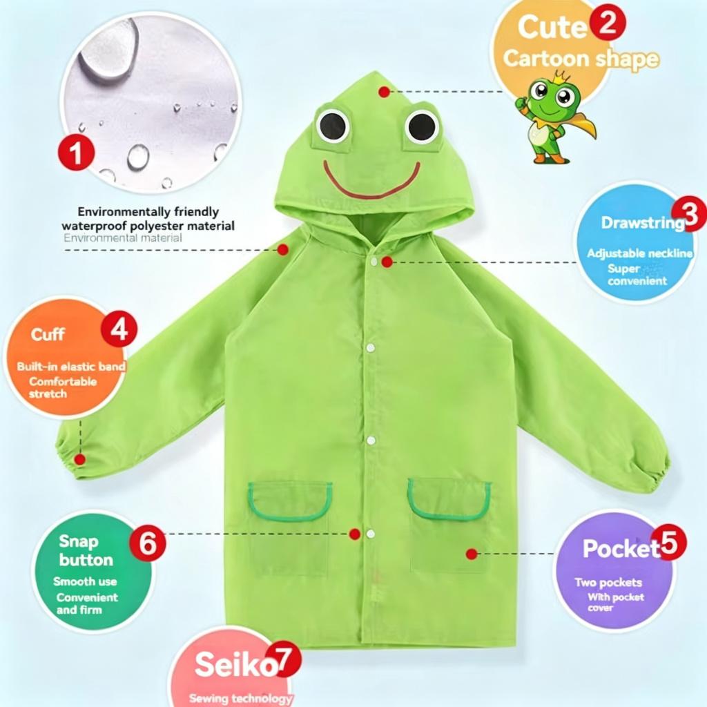 Capa de Chuva com Bolso para Meninos e Meninas, Capa de Chuva com Desenho de Animal, Jaqueta de Chuva Impermeável Estilosa para Crianças, Poncho de Chuva para Bebês e Crianças