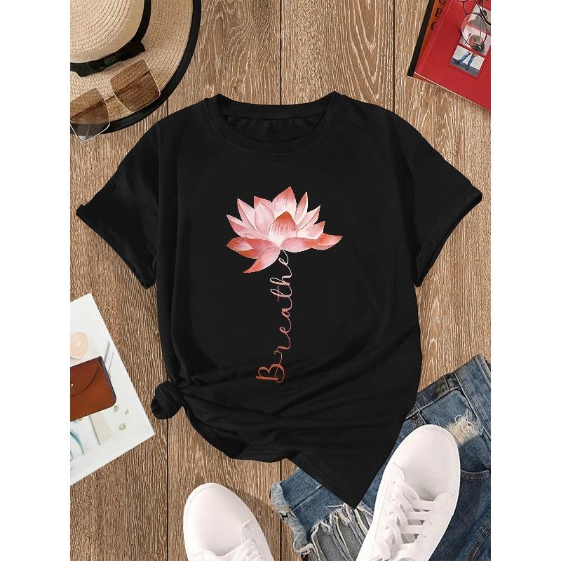 Damen Lotosblume Briefdruck T-Shirt Rundhals Kurzarm Lässiges Mode Top