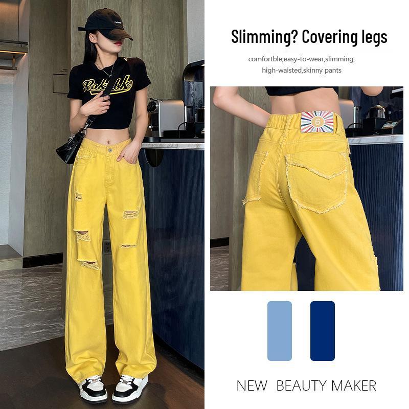 

Женские желтые рваные джинсы прямого кроя, лето 2024, свободный облегающий стиль с широкими штанинами 2XL