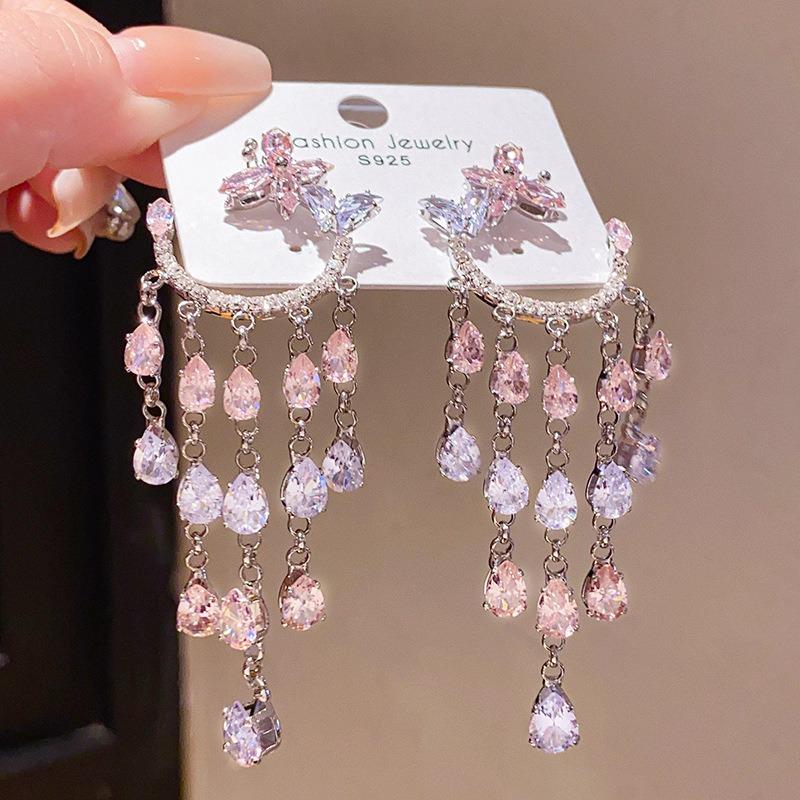 Silver Needle Diamond Zircon Water Drop Tassel Crystal Heavy Industry Earrings French Court Style Earrings Light Luxury Premium Earrings