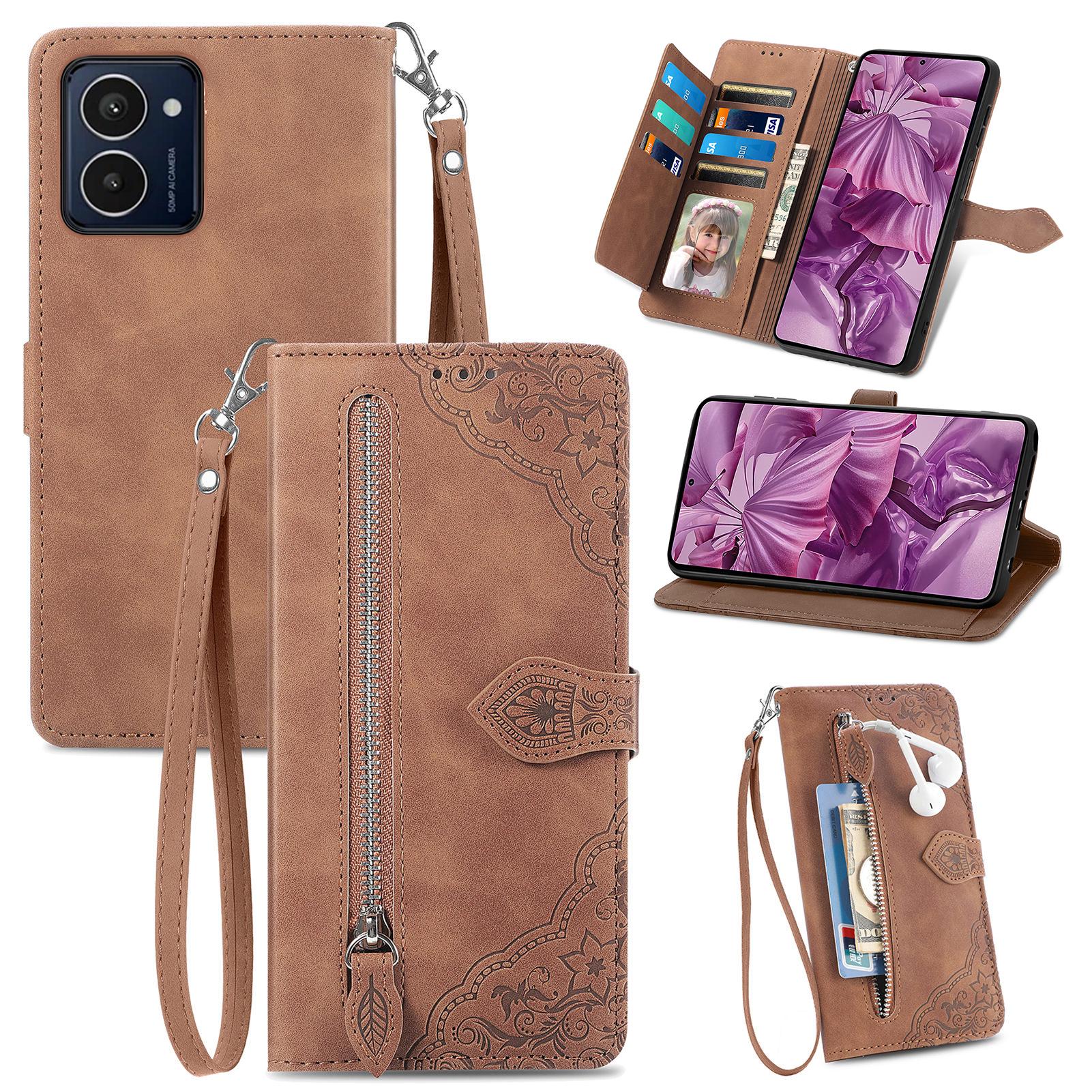 

For HMD Pulse Pro Zipper Wallet Case with Strap Flower Imprint PU Leather Phone Cover Brown