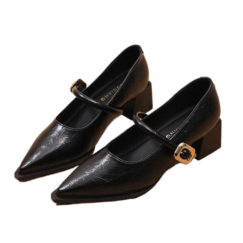 Fashion 2025 New Spring Style Pointed Toe Square Heel Versatile Style Single Shoes Women's Shoes Medium Professional Buckle High Heels