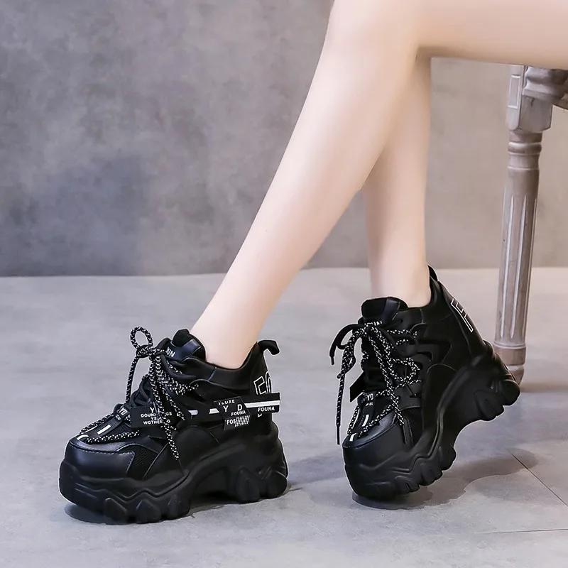 Fashion 9CM Autumn Women's Casual Sports Shoes High Platform Lacu-up Shoes Comfortable Women's Chunky Sneakers Breathable Outdoor Shoes