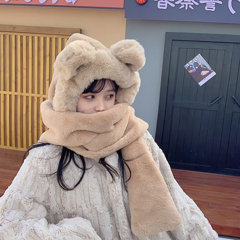 Bear hat cute female versatile autumn and winter scarf integrated warm gloves scarf three-piece trendy