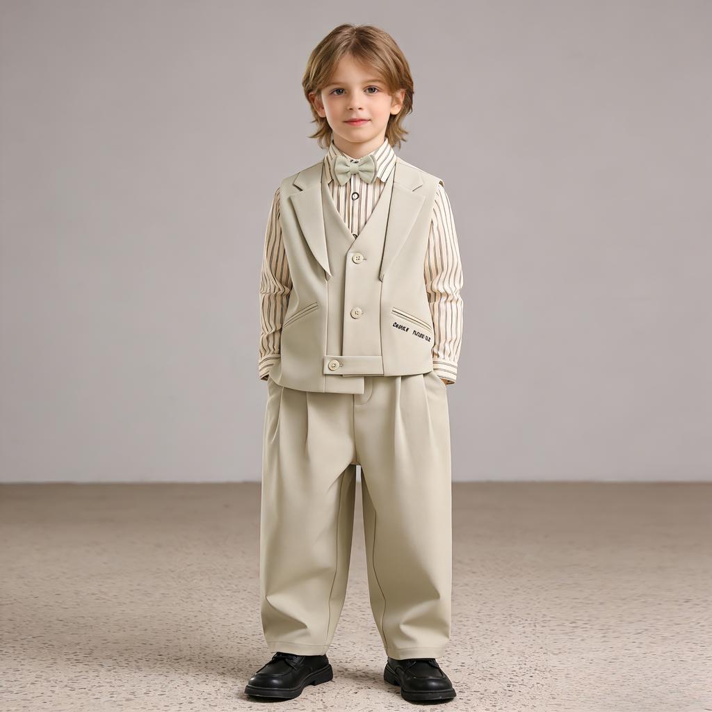 Completo Formale a Righe per Ragazzi Camicia Gilet Pantaloni Outfit da Gentiluomo per Bambini Matrimonio Festa di Compleanno Sfilata Diploma Abito Completo
