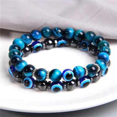 Lucky Evil Eye Beads Bracelet Natural Stone Lava Hematite Bracelet Set Multilayer Bracelets Women Men Handmade Elastic Jewelry