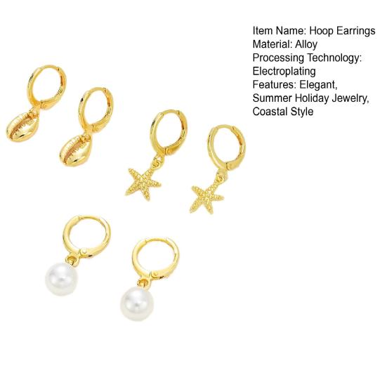 3 Pairs Women Coastal Hoop Earrings Starfish Seashell Faux Pearl Charm Dangle Hoop Earrings Summer Beach Earrings for Holiday Daily